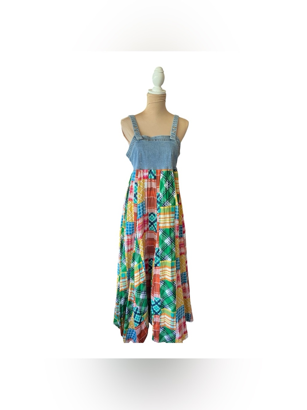 Multicolor Boho Denim Long Suspender  dress NWOT Size L